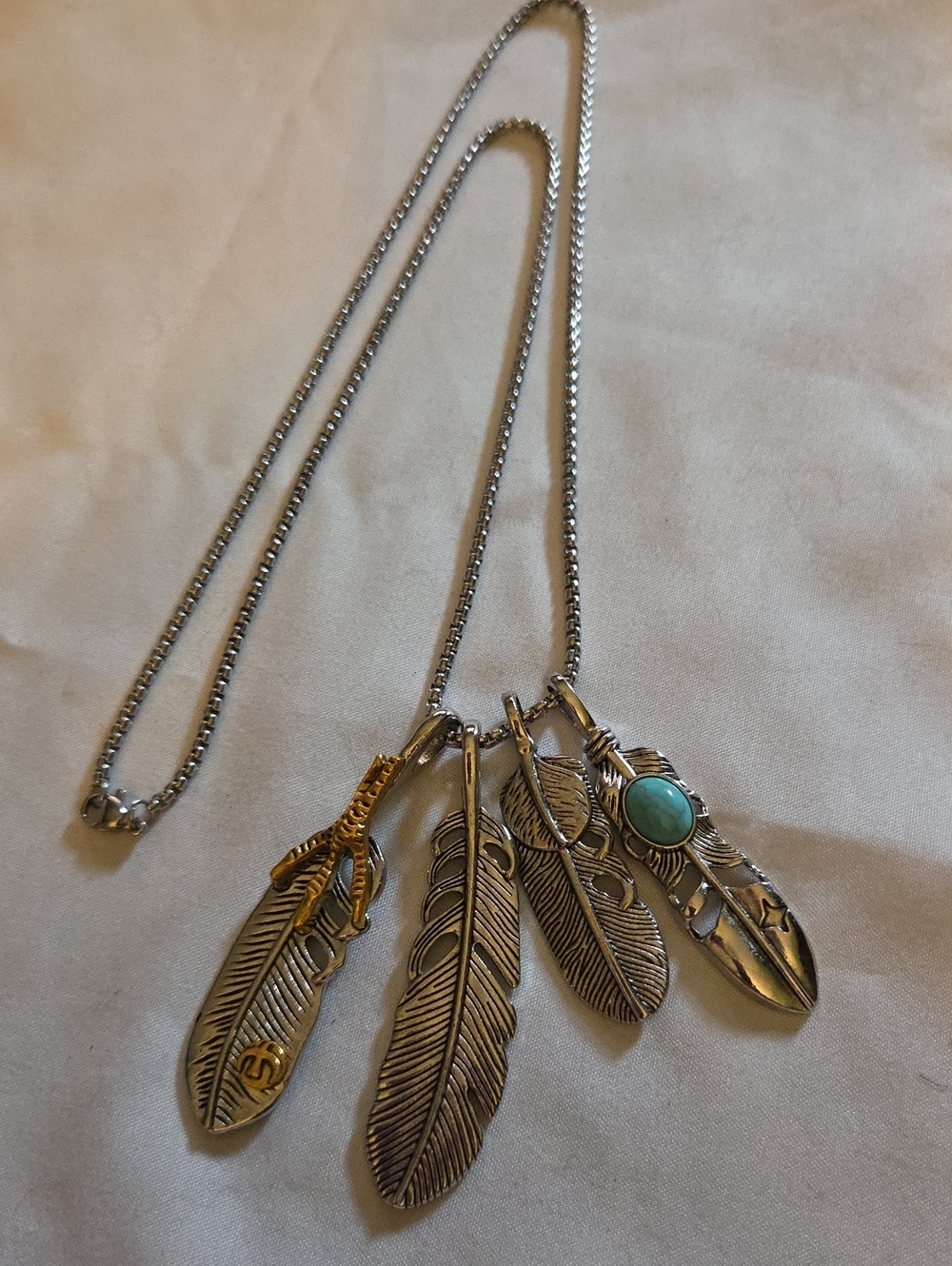 Sterling Feather Pendant Necklace with Turquoise Accent - Silver